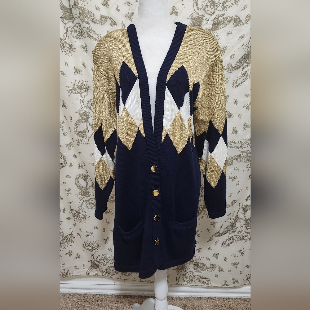 Beautiful Vintage 80s Argyle Navy And Gold Anne Klien Cardigan